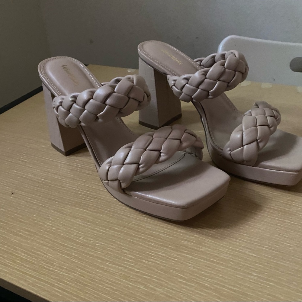Elegant Braided Nude Block Heel Sandals